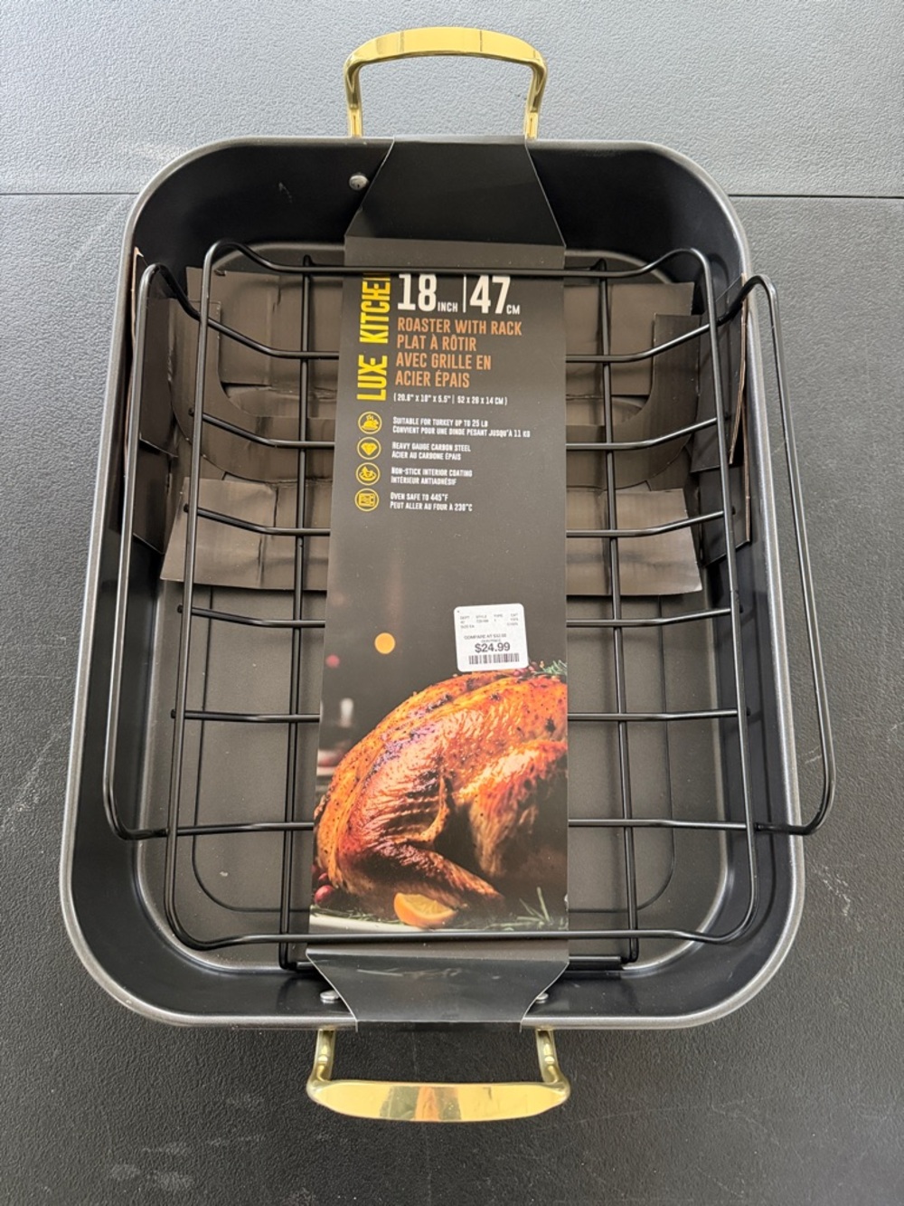 Luxe Black Roaster with Gold Handles and Rack